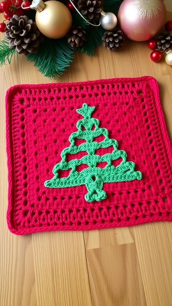 Christmas Tree Granny Square Pattern Crocheted Christmas Tree Granny Square with green tree on red background, surrounded by holiday decorations.